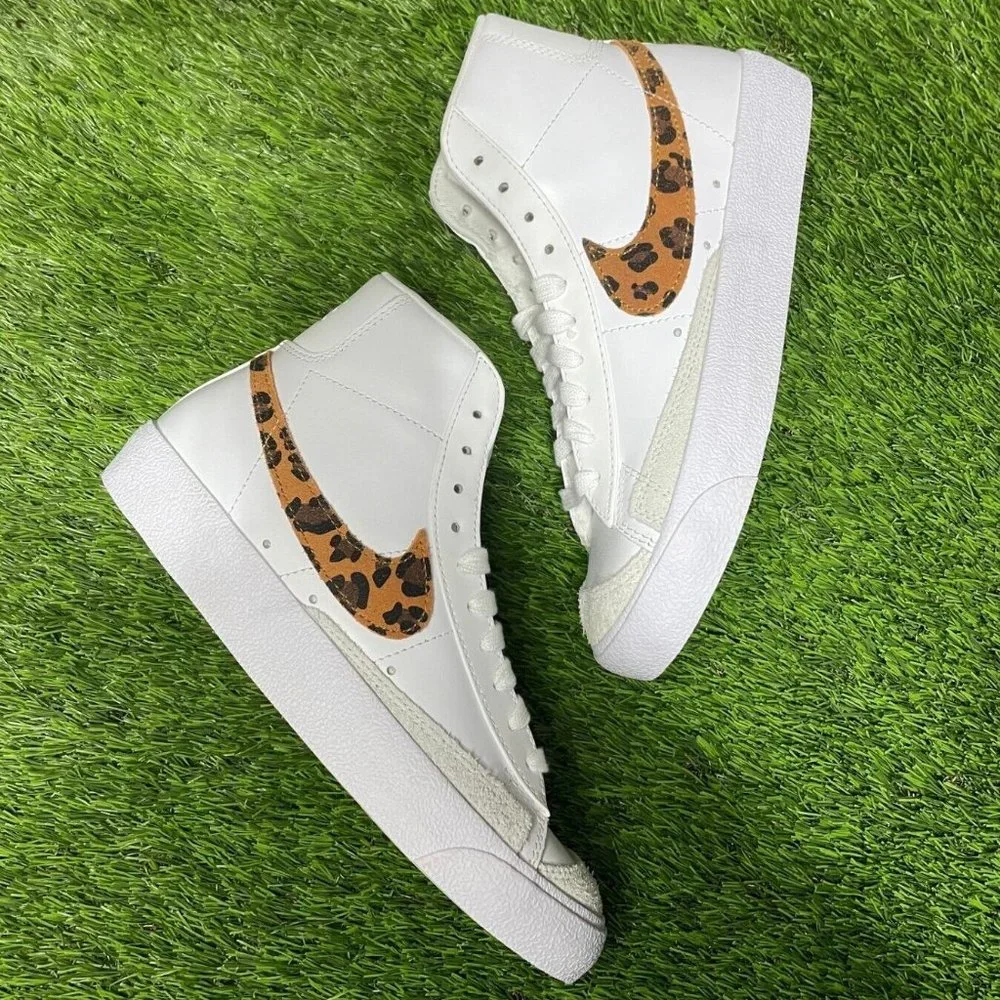 Nike Women’s White High-Top Sneakers with Leopard-Print Swoosh
